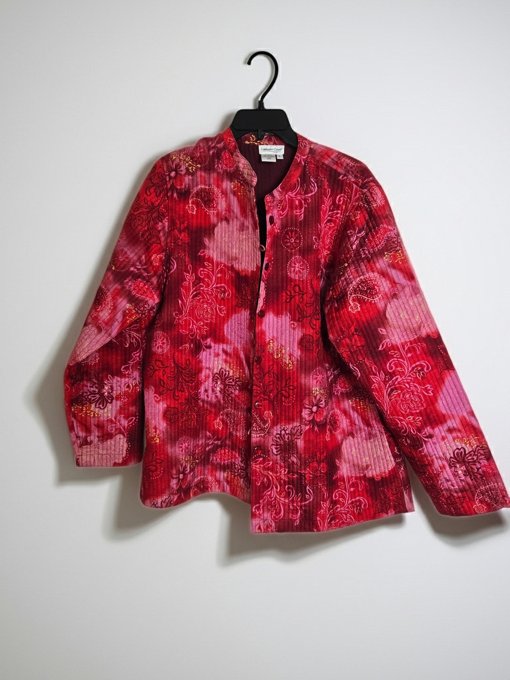 Coldwater Creek Red Floral Quilted Silk Shacket - Mandarin Collar Women's Size L - Picture 2 of 8
